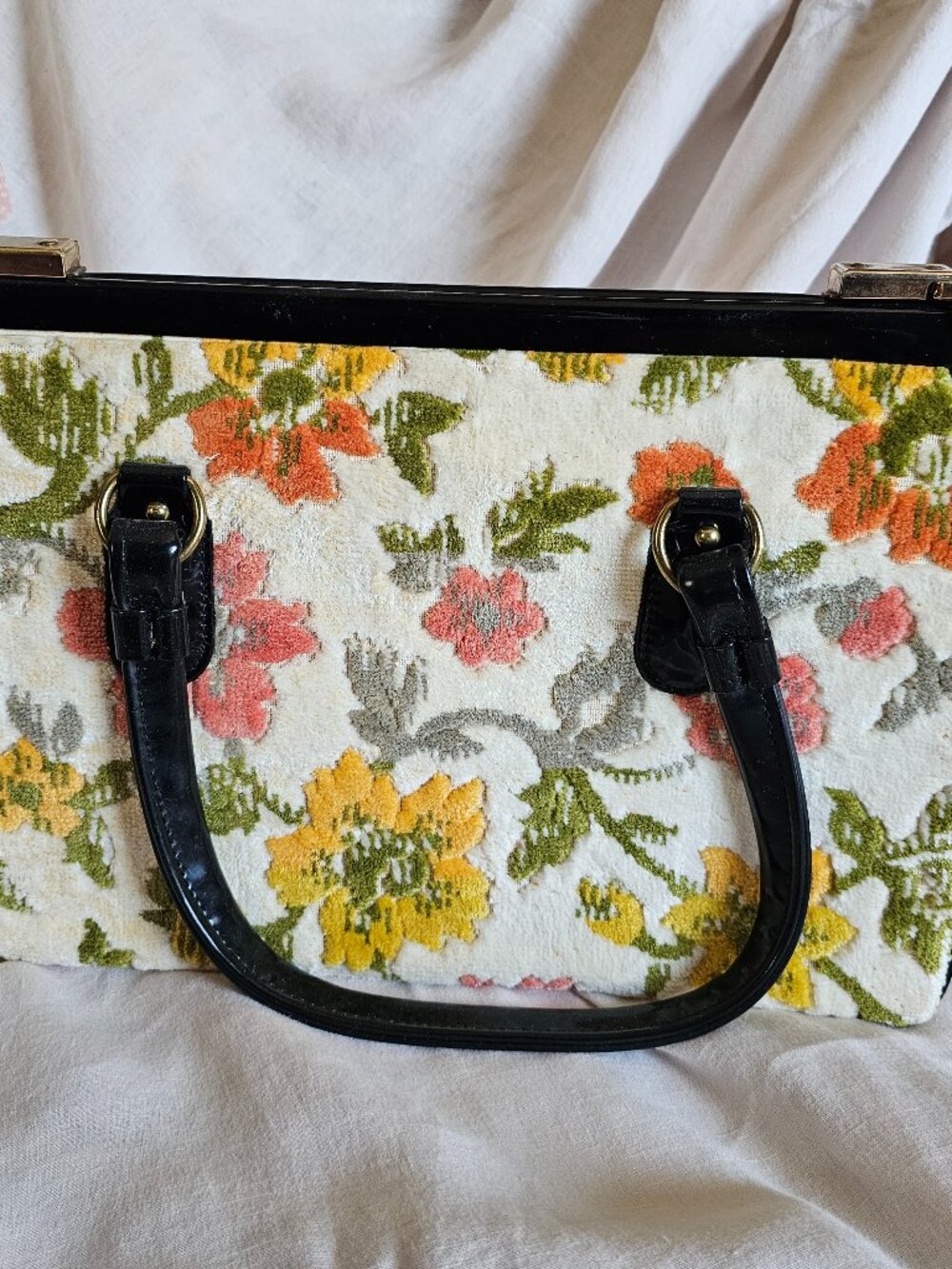 Vintage 1960's Floral Tapestry Carpet Bag Satchel with Patent Trim